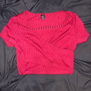 Red Ribbed Wrap Crop Blouse